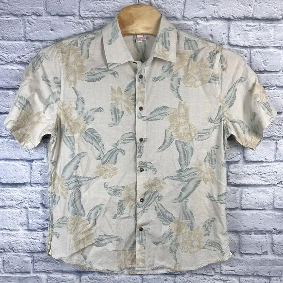 Carbon 2 Cobalt Men Beige Floral Hawaiian Short Sleeve Button Camp Shirt Medium - Picture 2 of 4